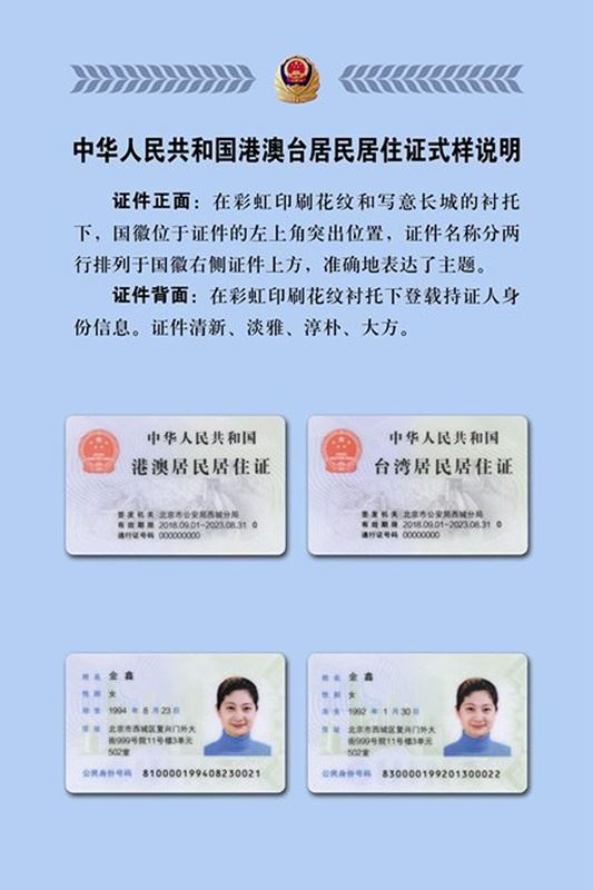 根據北京市公安局通報附圖,與台胞證、港澳通行證不同的是,港澳台居民居住證上印有「中華人民共和國」字樣。(翻攝自北京市公安局通報)