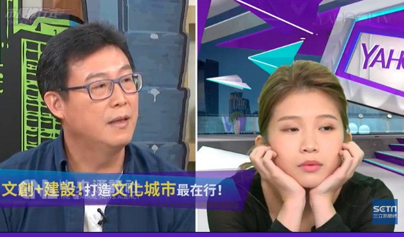 民進黨籍台北市長參選人姚文智（左）19日下午接受YahooTV與三立新聞網合作的「市長進行式」節目專訪，數度與藝人「雞排妹」鄭家純（右）針對政治議題交鋒。（翻攝畫面）中央社記者游凱翔傳真　107年10月19日