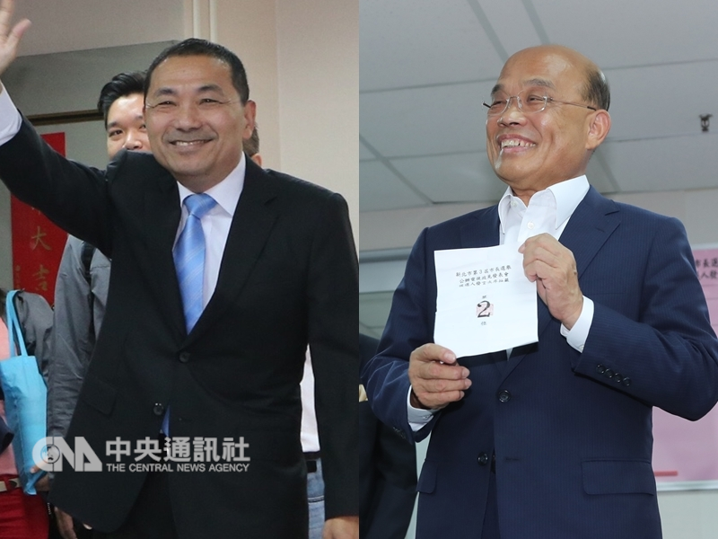 新北市長選舉政見發表會12日登場,國民黨候選人侯友宜(左)及民進黨新北市長候選人蘇貞昌(右)先後到場。中央社記者張皓安攝 107年11月12日