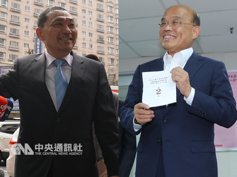 新北市長選舉政見發表會12日登場，國民黨候選人侯友宜（左）及民進黨新北市長候選人蘇貞昌（右）先後到場。中央社記者林長順、張皓安攝 107年11月12日