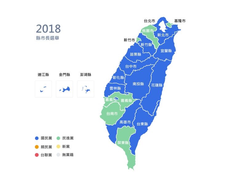 九合一選舉結果出爐,國民黨贏得15縣市,展現地方包圍中央架勢。(中央社製圖)