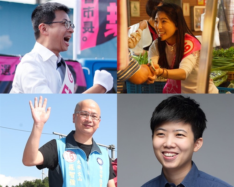 根據中選會資訊,台北市議員當選席次,國民黨29席、民進黨19席,議會將藍大綠小並有新秀崛起狀況。圖左上至右下依序為無黨籍邱威傑(呱吉)、民進黨鍾佩玲、國民黨羅智強與社民黨苗博雅。(圖左上取自邱威傑臉書、右上為鍾佩玲臉書、右下為苗博雅臉書,左下為中央社檔案照片)
