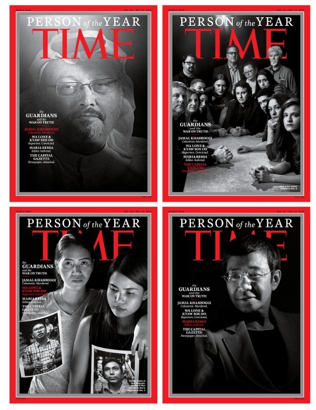 「時代」雜誌(Time)宣布,選出「真相守護者(Guardians)」為2018年風雲人物,並公布呈現相關人員的4份封面。(圖取自twitter.com/TIME)