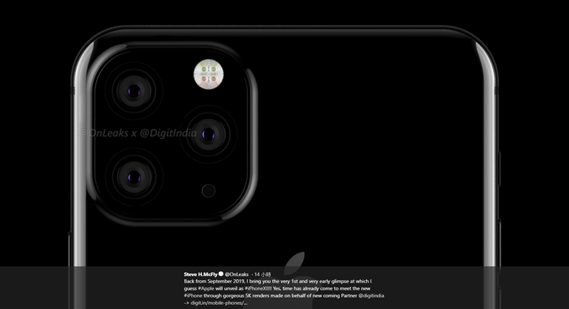 外媒報導,2019年新款iPhone機身背後,可能在正方形方框內設計3顆鏡頭。(圖取自twitter.com/onleaks)