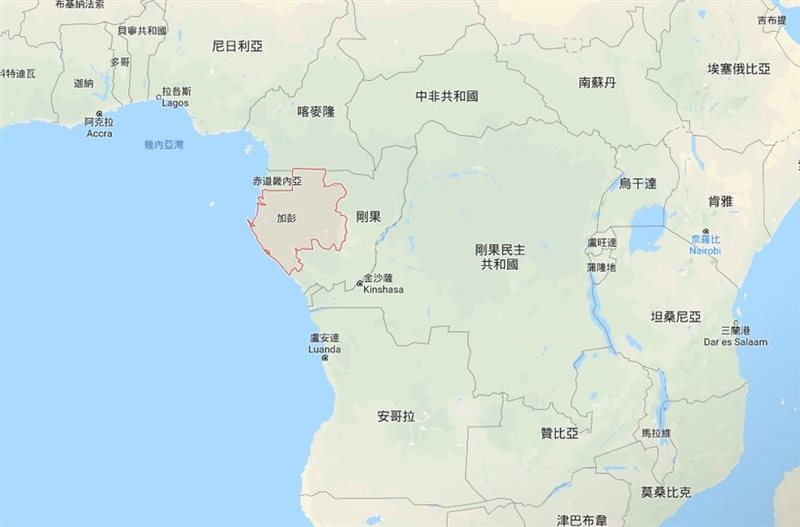 加彭橫跨赤道兩側,位於非洲的大西洋沿岸,和赤道幾內亞、喀麥隆和剛果等國接壤。(圖取自Google Map www.google.com.tw/maps)