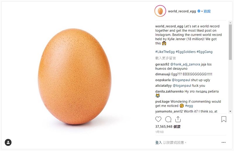 IG神秘帳號「世界紀錄蛋」發出一張蛋的照片，短時間內成為IG最受歡迎照片。（圖取自世界紀錄蛋IG網頁instagram.com/world_record_egg）