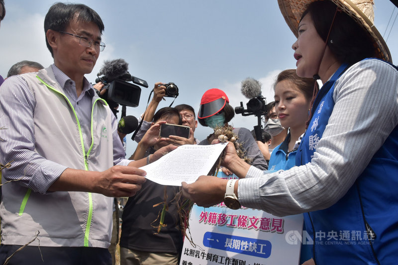 雲林縣長張麗善(右)22日為農民請命,向下鄉視察的農委會主委陳吉仲(左)表達訴求,建請開放農業外勞等,以當地解決農業缺工嚴重問題。中央社記者葉子綱攝 108年3月22日