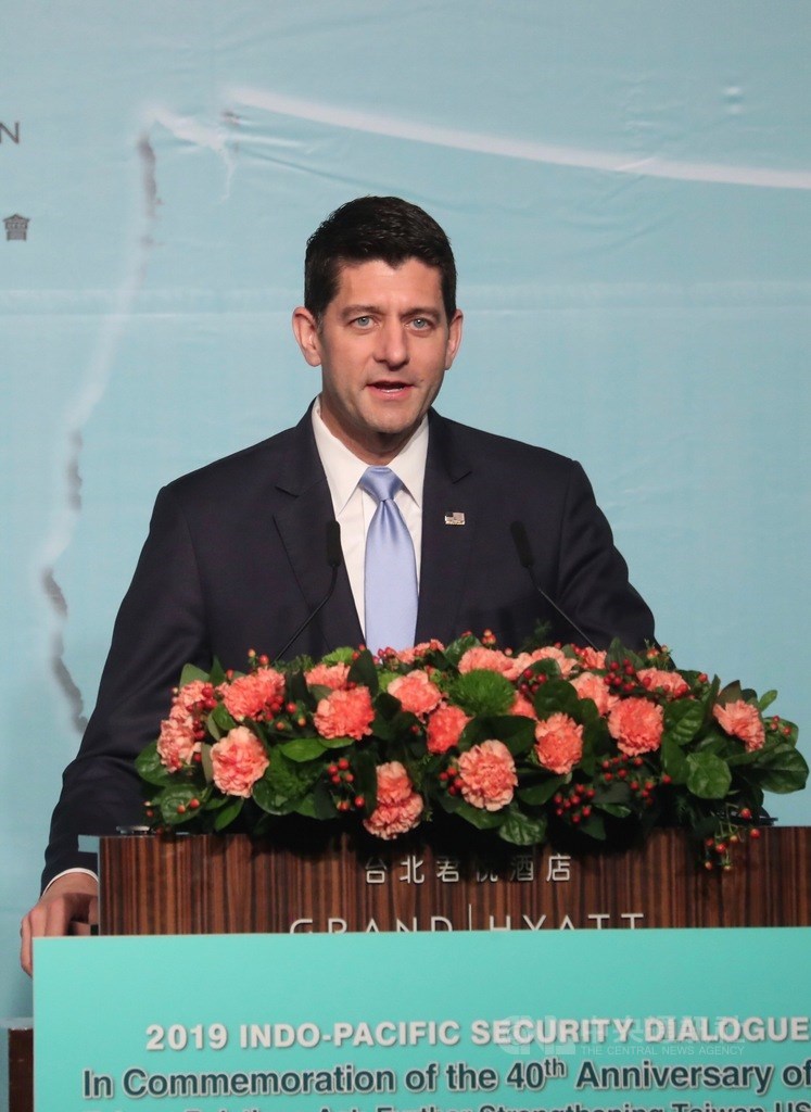 美國聯邦眾議院前議長萊恩(Paul Ryan)(圖)16日在台北,出席「2019印太安全對話開幕典禮」。中央社記者吳家昇攝 108年4月16日