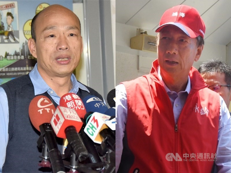 高雄市長韓國瑜(左)的高人氣、鴻海集團董事長郭台銘的國內外政商關係為台灣明年選舉添增話題。美媒19日撰文探討,並指出韓、郭兩人都不能迴避兩岸政策。(中央社檔案照片)