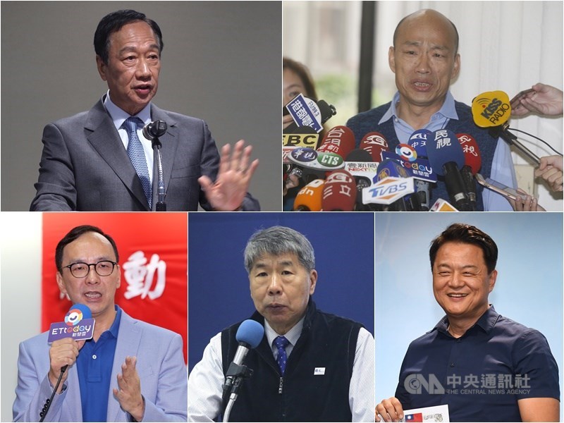 國民黨10日將公布參加總統初選者名單,郭台銘(上排左起)、韓國瑜、朱立倫(下排左起)、張亞中及周錫瑋等5人參戰態勢底定。(中央社檔案照片)