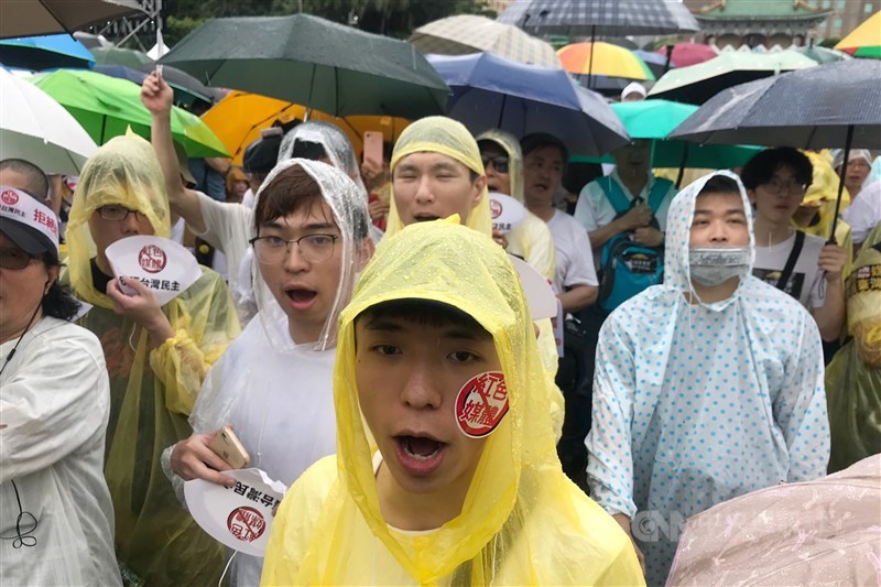 「拒絕紅色媒體、守護台灣民主」活動23日在凱達格蘭大道舉行,參加活動的民眾冒雨喊出抗議口號。中央社記者徐肇昌攝 108年6月23日