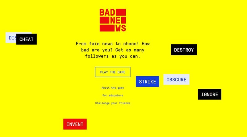 英國劍橋大學社會決策實驗室2018年開發Bad News遊戲,根據1.5萬用戶遊玩結果顯示,能有效提升民眾對「假新聞」的意識。(圖取自Bad News遊戲網頁getbadnews.com)