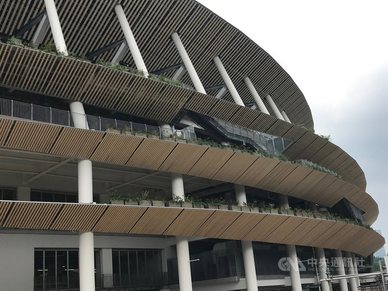 2020東京奧運主場館新國立競技場的設計大量使用來自日本47都道府縣的木材。中央社記者楊明珠東京攝 108年7月3日