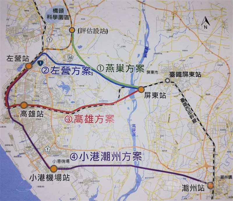 高鐵延伸屏東可行性評估新增2條路線,目前共有4條路線列入考慮,其中高雄方案採地下化興建,另3個方案採高架。(中央社檔案照片)