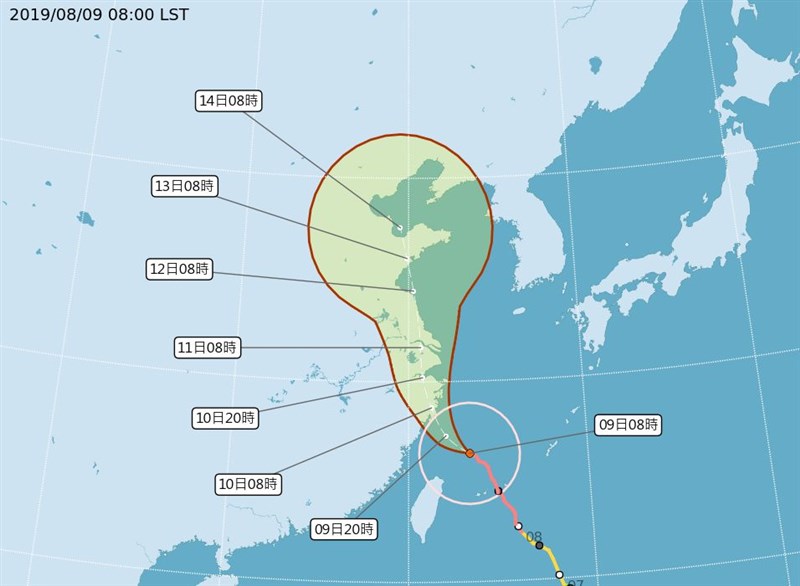 強烈颱風利奇馬暴風圈9日凌晨已進入台灣陸地,氣象局提醒台中以北應防強風豪雨。(圖取自氣象局網頁cwb.gov.tw)