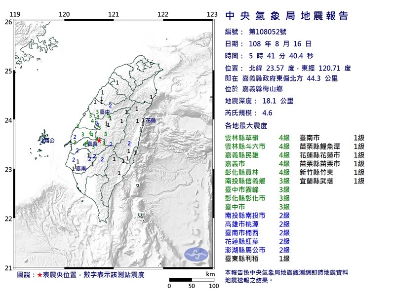 嘉義縣梅山鄉16日上午5時41分發生芮氏規模4.6地震,彰化縣、雲林縣、嘉義縣市最大震度4級。(圖取自氣象局網頁www.cwb.gov.tw)