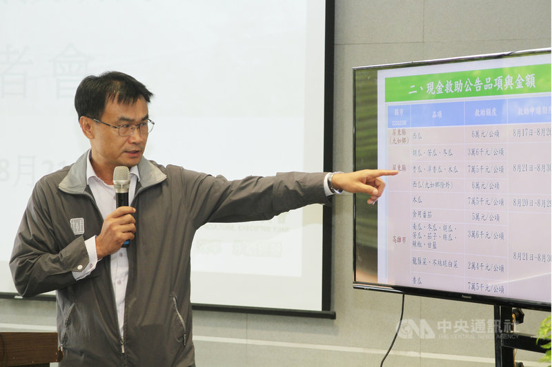 農委會21日在台南區農業改良場舉辦「0812連日豪雨農業災損統計與救助方案」記者會,農委會主委陳吉仲(圖)透過圖表說明各項農損救助作業申辦情形。中央社記者楊思瑞攝 108年8月21日