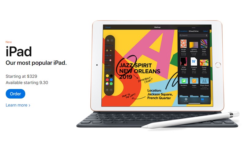 第7代iPad搭載10.2吋Retina螢幕,起跳價329美元。(圖取自蘋果公司網頁apple.com)