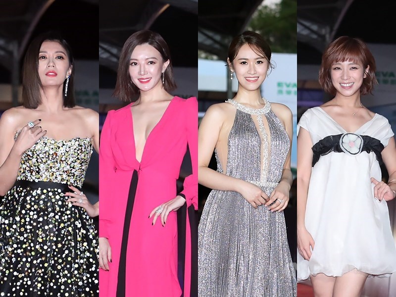 金鐘獎星光大道,藝人賈靜雯(左起)、李杏、吳姍儒、梁舒涵禮服搶鏡。中央社記者吳家昇攝 108年10月5日