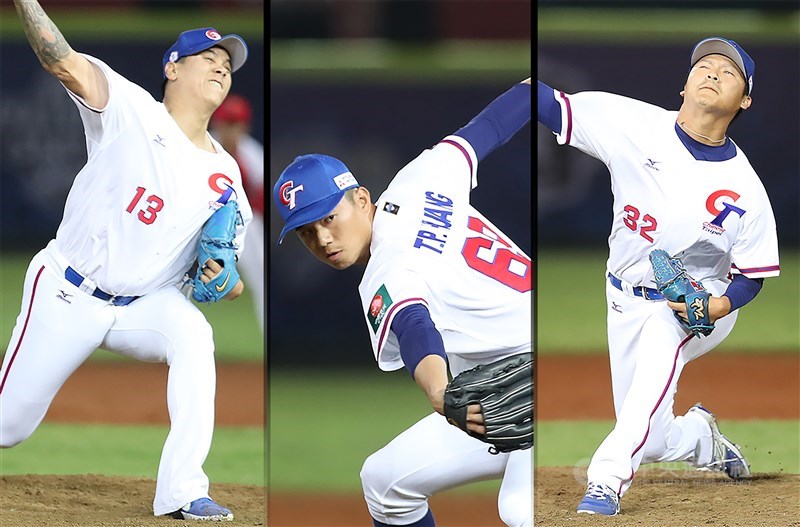 中華隊投手陳鴻文(左起)、黃子鵬與陳禹勳在官辦熱身賽中,主投1局無失分。(中央社記者張新偉攝)
