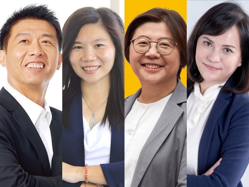 民進黨高雄市立委許智傑(左)2020立委選舉尋求連任,在「韓流」壓力下,不只對手國民黨市議員李雅靜(左2),還有時力推出陳惠敏(左3)、親民黨派秦詩雁,絕對是場硬戰。(圖為各參選人提供)
