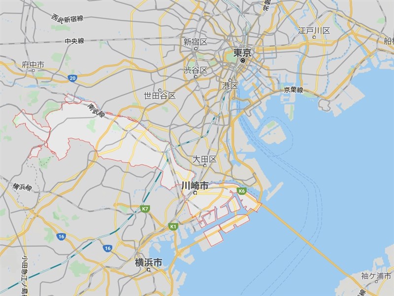川崎市(紅框處)位於日本神奈川縣東北端,地處東京、橫濱兩大都市之間。(圖取自Google地圖google.com/maps)