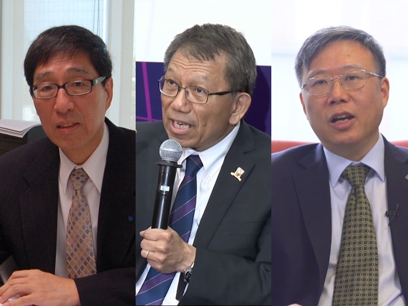 香港大學校園成為對峙主戰場,香港大學校長們有人敢於面對,有人站在學生的對立面。左起為香港城市大學校長郭位、香港中大校長段崇智和香港理工大學校長滕錦光。(左圖為中央社檔案照片;中圖取自CUHK Channel YouTube頻道;右圖取自The Hong Kong Polytechnic University YouTube頻道)