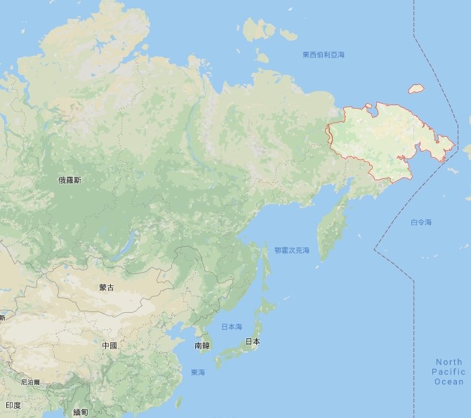 世界自然基金會出，56頭北極熊聚集在俄羅斯東北角楚科加地區（紅框處）。（圖取自Google地圖網頁google.com.tw/maps）