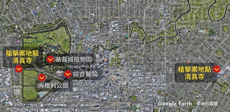 紐西蘭基督城兩處清真寺3月15日遭槍手闖入攻擊。(中央社製圖)