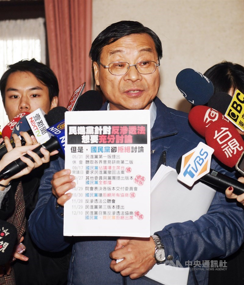 立法院長蘇嘉全27日下午召集朝野協商反滲透法草案。國民黨立法院團總召曾銘宗(前)出席,向媒體發表談話。中央社記者施宗暉攝 108年12月27日