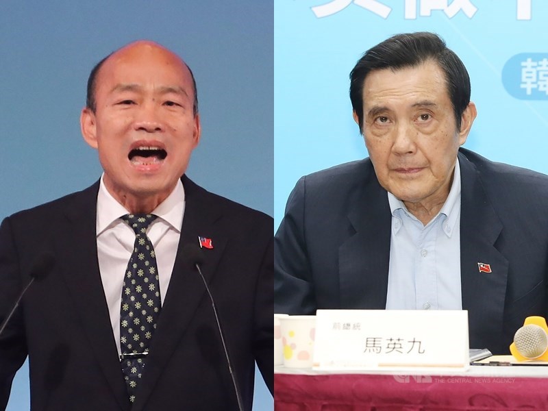 國民黨總統候選人韓國瑜（左）29日在電視辯論會上指前總統馬英九（右）敗在「軟」，馬英九辦公室表示，不清楚韓國瑜為何如此發言。（左圖為中央社記者裴禛攝，右圖為中央社檔案照片）