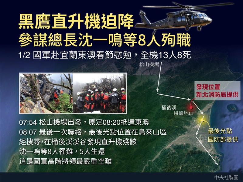 參謀總長沈一鳴上將等人,含機組人員共13人,2日上午7時50分搭乘黑鷹直升機前往宜蘭東澳進行春節慰勉,在新北市烏來山區失事。(中央社製圖)