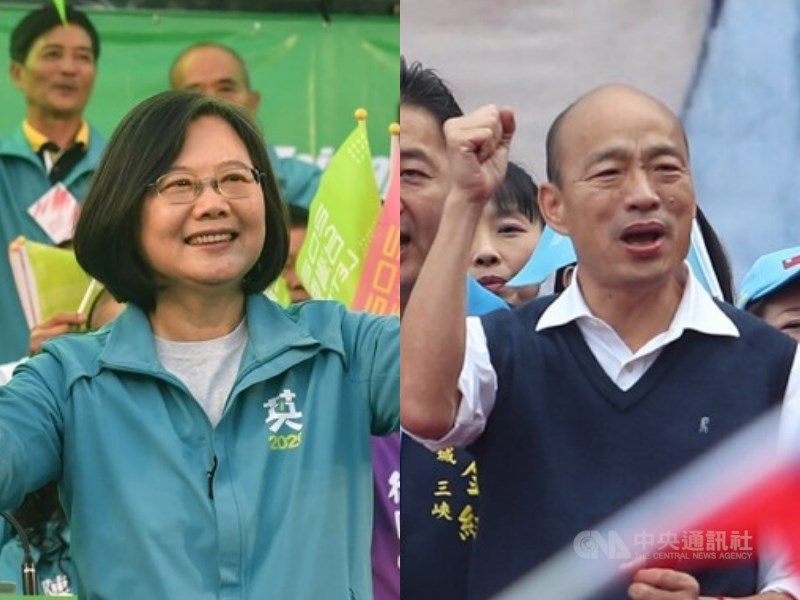 9日選戰將進入倒數48小時,民進黨總統候選人蔡英文(左)回防北台灣,國民黨總統候選人韓國瑜(右)將在凱道舉辦造勢晚會。(中央社檔案照片)