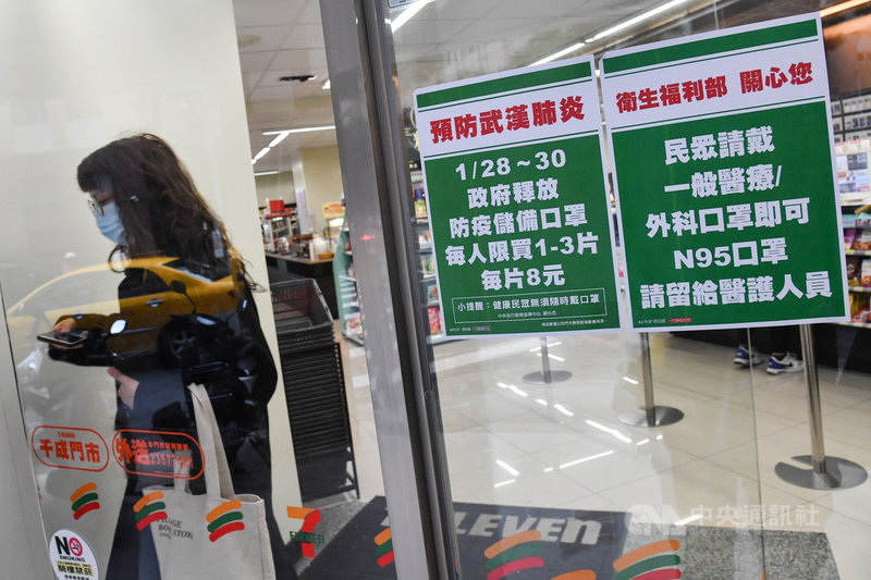 武漢肺炎疫情擴大,國內陸續傳出確診案例,衛生福利部28日起連續3天,在超商通路每天供應600萬片外科口罩給民眾購買,每片定價新台幣8元,每人限購3片。中央社記者林俊耀攝 109年1月29日