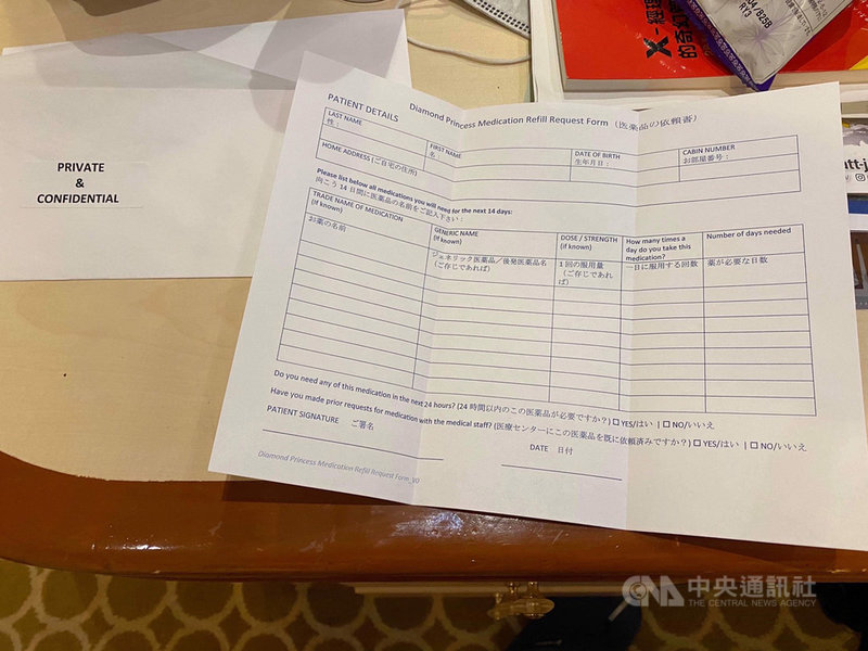 鑽石公主號遊輪目前傳出20例確診感染武漢肺炎的病例,遊輪管理部門5日對乘客發放常用藥品需求的詢問調度單。(讀者提供)中央社記者楊明珠東京傳真 109年2月6日