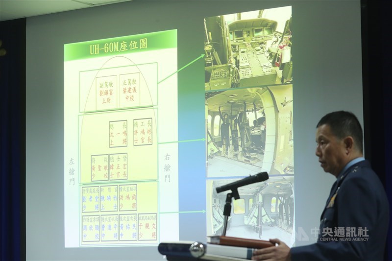 UH-60M黑鷹直升機日前失事，造成參謀總長沈一鳴上將等人殉職。國防部15日上午召開「黑鷹調查初步報告出爐」記者會，會中公布座位圖。中央社記者吳家昇攝　109年2月15日