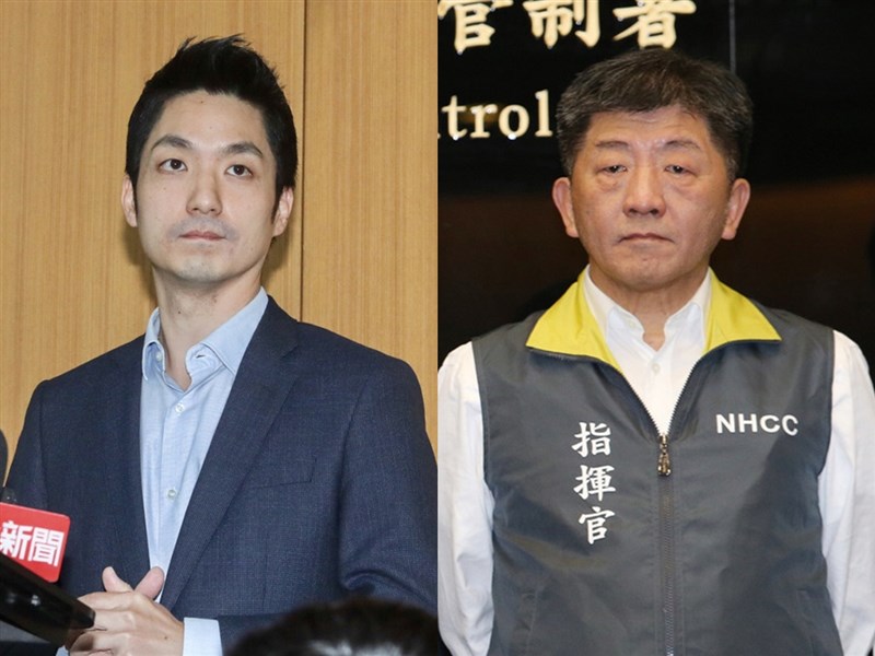 國民黨立委蔣萬安(左)21日在總質詢時關心第24例北部確診案例在哪?衛福部長陳時中(右)表示,不能公布掌握的特定對象,還說「公布以後,真的會安心嗎?」(中央社檔案照片)
