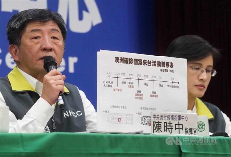 中央流行疫情指揮中心指揮官陳時中（左）6日表示，目前已掌握染疫澳洲音樂家2月23日至3月2日在台行程，該音樂家除了2月27日至診所就醫外，其他時間多為往返飯店及國家音樂廳，已匡列124名接觸者，評估社區傳播風險低。右為文化部長鄭麗君。中央社記者裴禛攝 109年3月6日