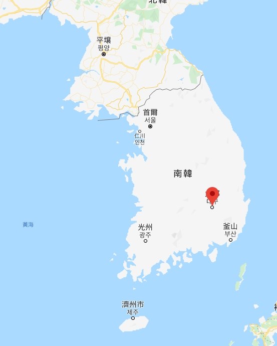 韓國爆發武漢肺炎後,6日大邱市(紅標處)出現首個封鎖住宅大樓進行集體隔離案例。(圖取自Google地圖google.com/maps)