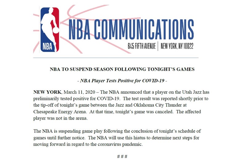 美國職籃NBA 11日宣布,一名猶他爵士球員在武漢肺炎檢測呈現陽性,因此賽季將全面暫停,直到進一步通知為止。(圖取自twitter.com/NBA)