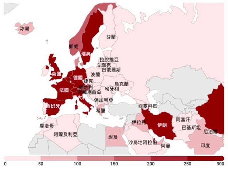 歐洲聯盟(EU)27國、英國及冰島、挪威等國全出現疫情,累計確診2萬2105例、死亡943例,其中義大利最嚴重,病例計1萬2462例、死亡827例。(中央社)