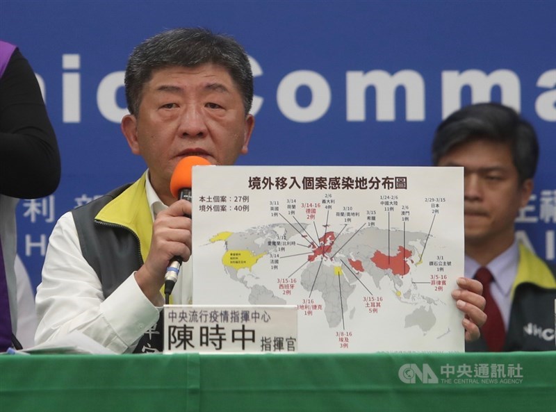 中央流行疫情指揮中心指揮官陳時中(中)16日表示,台灣新增8例2019冠狀病毒疾病(COVID-19,俗稱武漢肺炎)確診,全為境外移入個案,累計67例。圖為陳時中公布境外移入個案感染地分布地圖。中央社記者吳家昇攝 109年3月16日