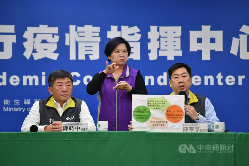 中央流行疫情指揮中心18日舉行記者會,副指揮官陳宗彥(右)宣布,3月5日至14日間曾到歐洲或在杜拜、土耳其轉機,即日全數回溯居家檢疫14天,將發給防疫補償,呼籲民眾儘速和地方鄉鎮公所聯絡。圖左為指揮官陳時中。中央社記者王飛華攝 109年3月18日