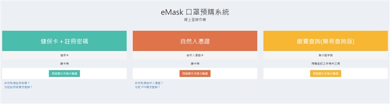 民眾進入eMask平台網站後,會看見「健保卡+註冊密碼」、「自然人憑證」及「繳費查詢(簡易查詢版)」3個區塊。(圖取自eMask口罩預購系統網頁)