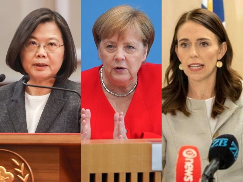 CNN一則投書評論指出,全球疫情籠罩之下,台灣、德國、紐西蘭等防疫成功國家,領導人均為女性。左起為總統蔡英文、德國總理梅克爾、紐西蘭總理阿爾登。(圖左為中央社檔案照片,圖中為中新社提供,圖右取自facebook.com/jacindaardern)
