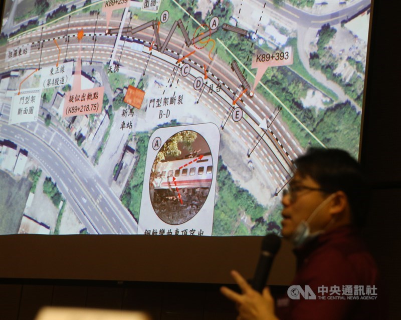 國家運輸安全調查委員會21日舉行「台鐵局6432次列車新馬站正線出軌事故事實資料報告」記者會,對外發布調查後的事實資料報告。中央社記者謝佳璋攝 109年4月21日