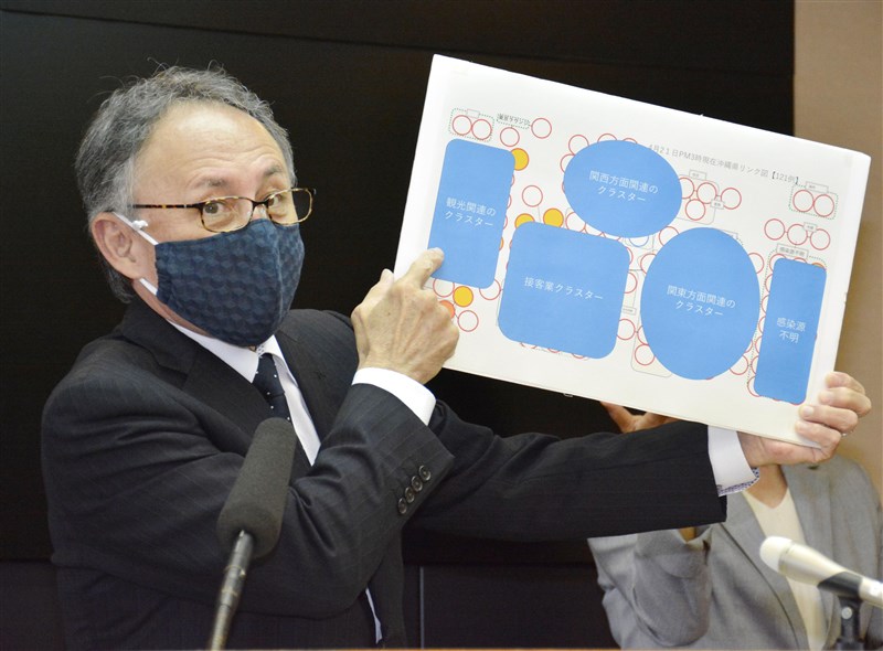 武漢肺炎疫情嚴峻,但沖繩縣卻被日本民眾視為度假勝地,已有6萬人預約國內班機機位打算黃金週到沖繩觀光。圖為沖繩縣知事玉城鄧尼23日在記者會上說明武漢肺炎狀況。(共同社提供)
