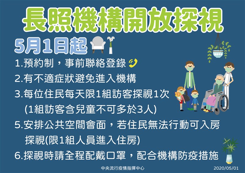 疫情指揮中心1日宣布,有條件開放長照機構探視。(中央流行疫情指揮中心提供)