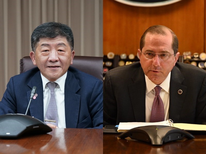 衛福部長陳時中(左)與美國衛生及公共服務部長艾薩(右)在台灣時間27日晚間8時舉行雙邊電話會議,雙方熱線30分鐘。(衛福部提供)