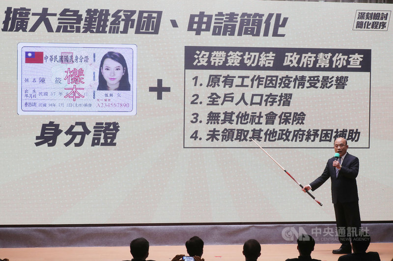 行政院長蘇貞昌7日下午親上火線,出席行政院「紓困振興方案記者會」向各界說明無保工作者加碼紓困申請,經過簡化程序後,民眾只要帶身分證、簽切結書,政府就受理,其他證明文件若無提出,政府幫忙查;但不是申請後馬上領錢,要讓政府有時間查核。中央社記者裴禛攝 109年5月7日